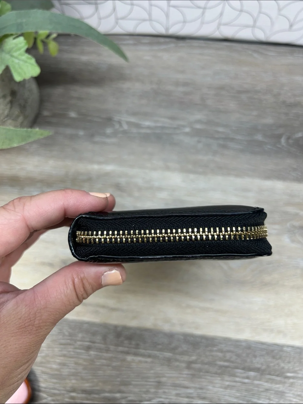 2828 Michael Kors Black Patent Leather Zip Wallet with Gold Plaque